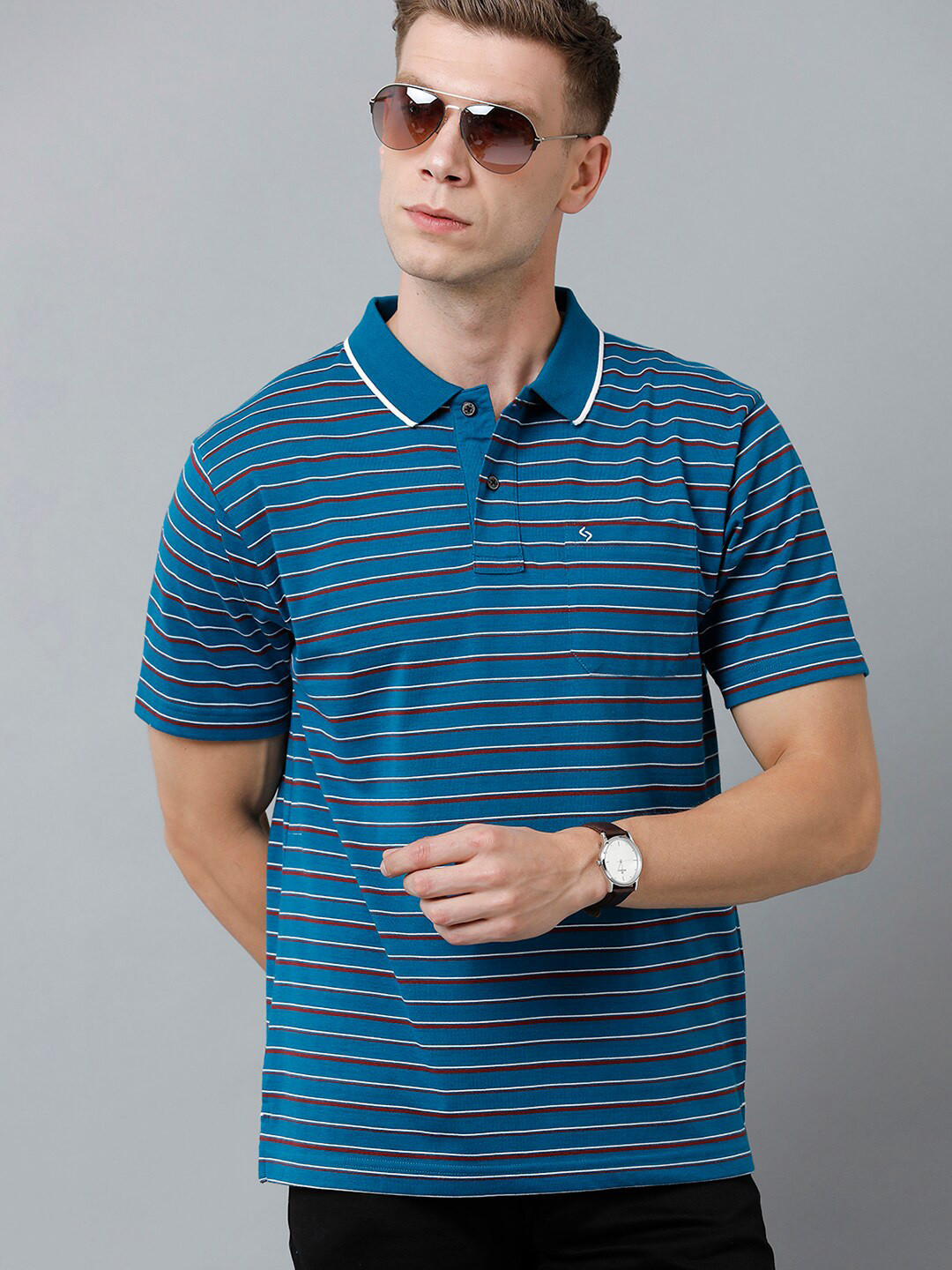 

Classic Polo Men Striped Polo Collar Cotton T-shirt, Blue