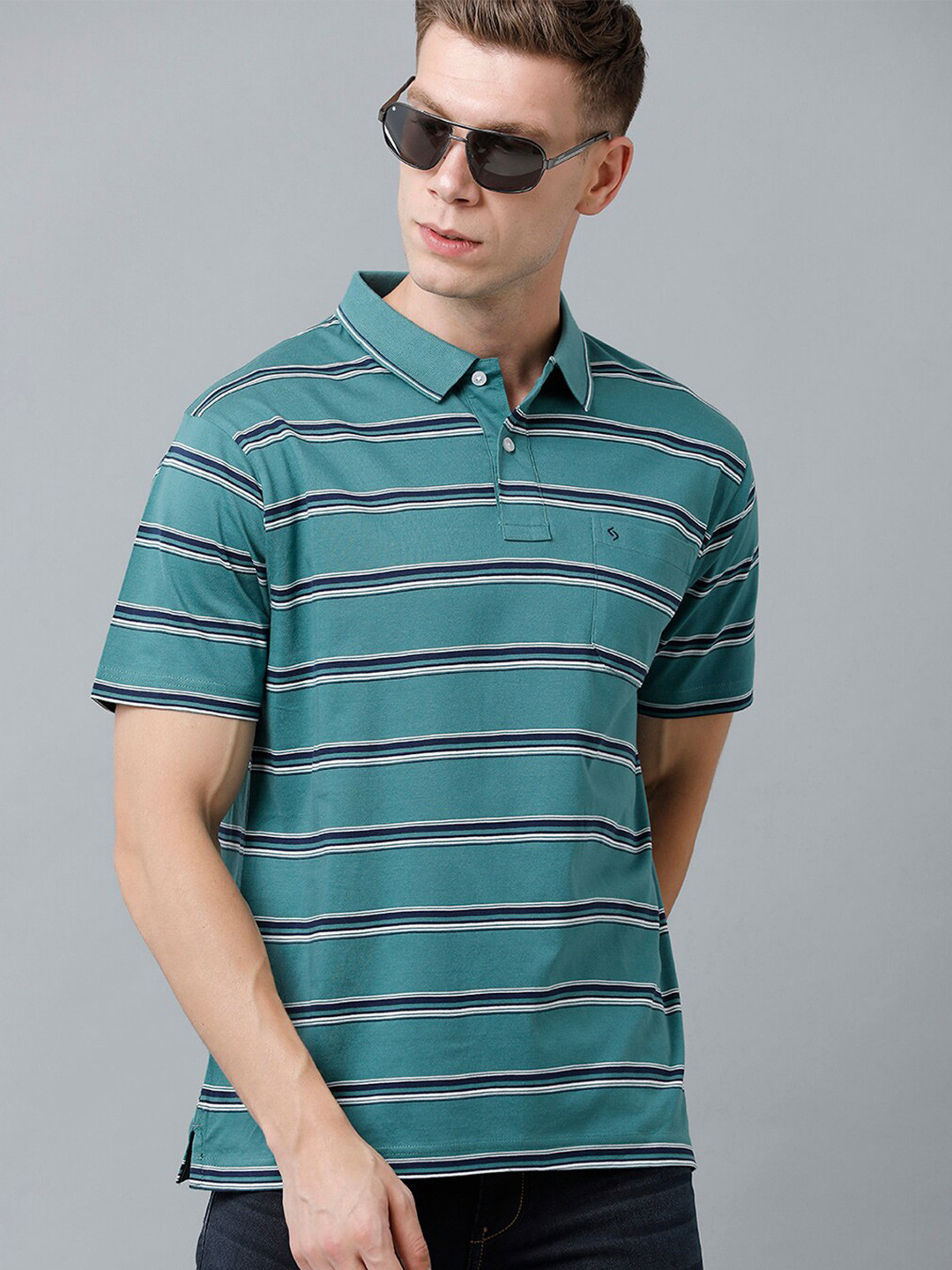 

Classic Polo Men Striped Polo Collar Cotton T-shirt, Green