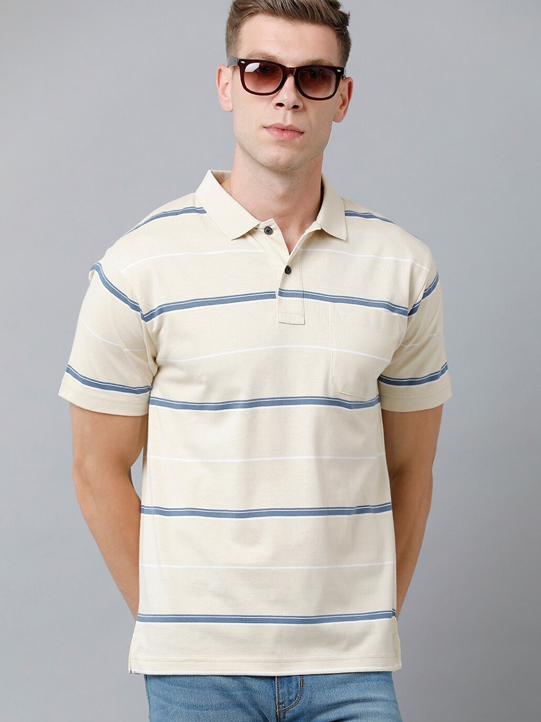 

Classic Polo Men Plus Size Striped Polo Collar Cotton T-shirt, Cream