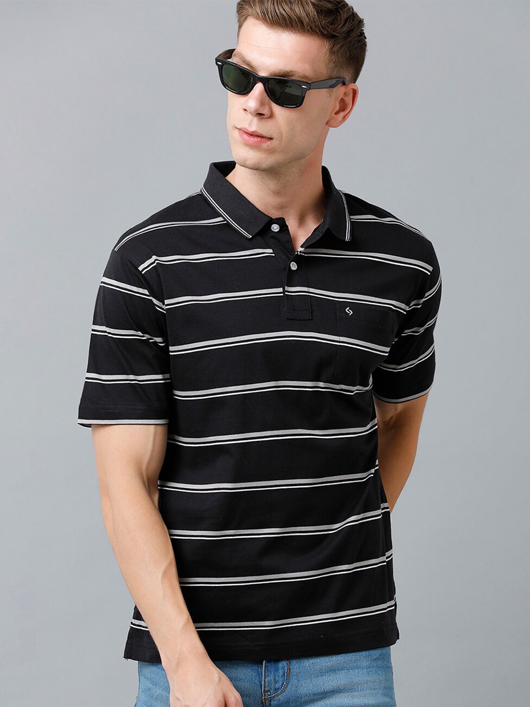 

Classic Polo Men Striped Polo Collar Cotton T-shirt, Black