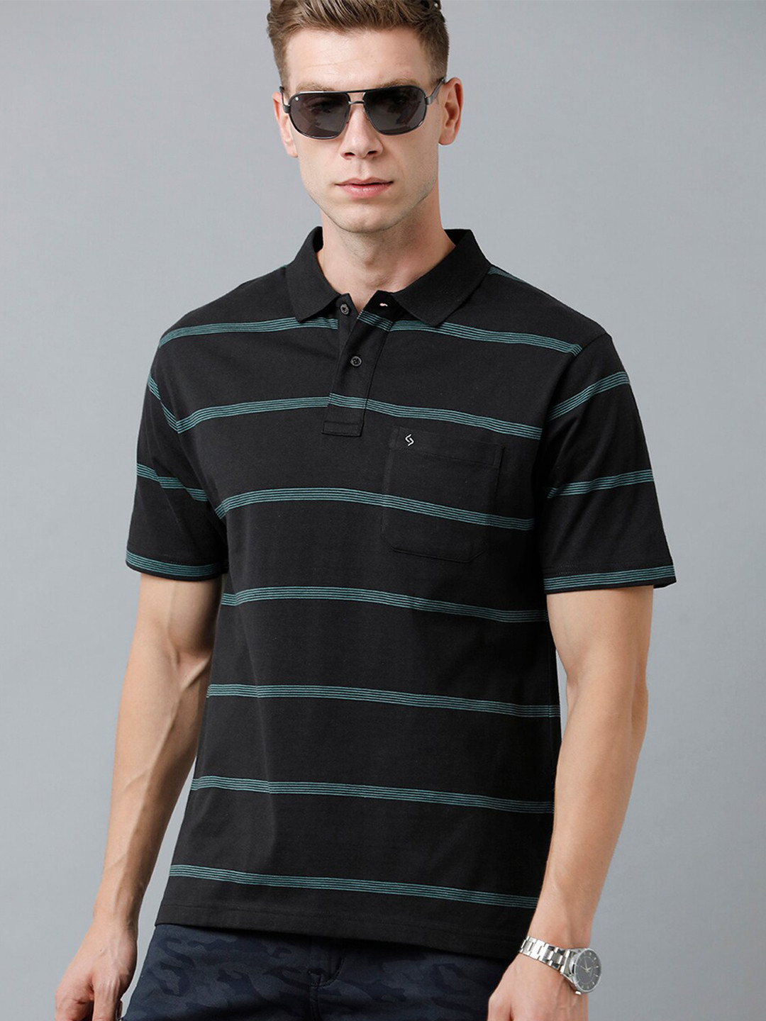 

Classic Polo Men Striped Polo Collar Cotton T-shirt, Black