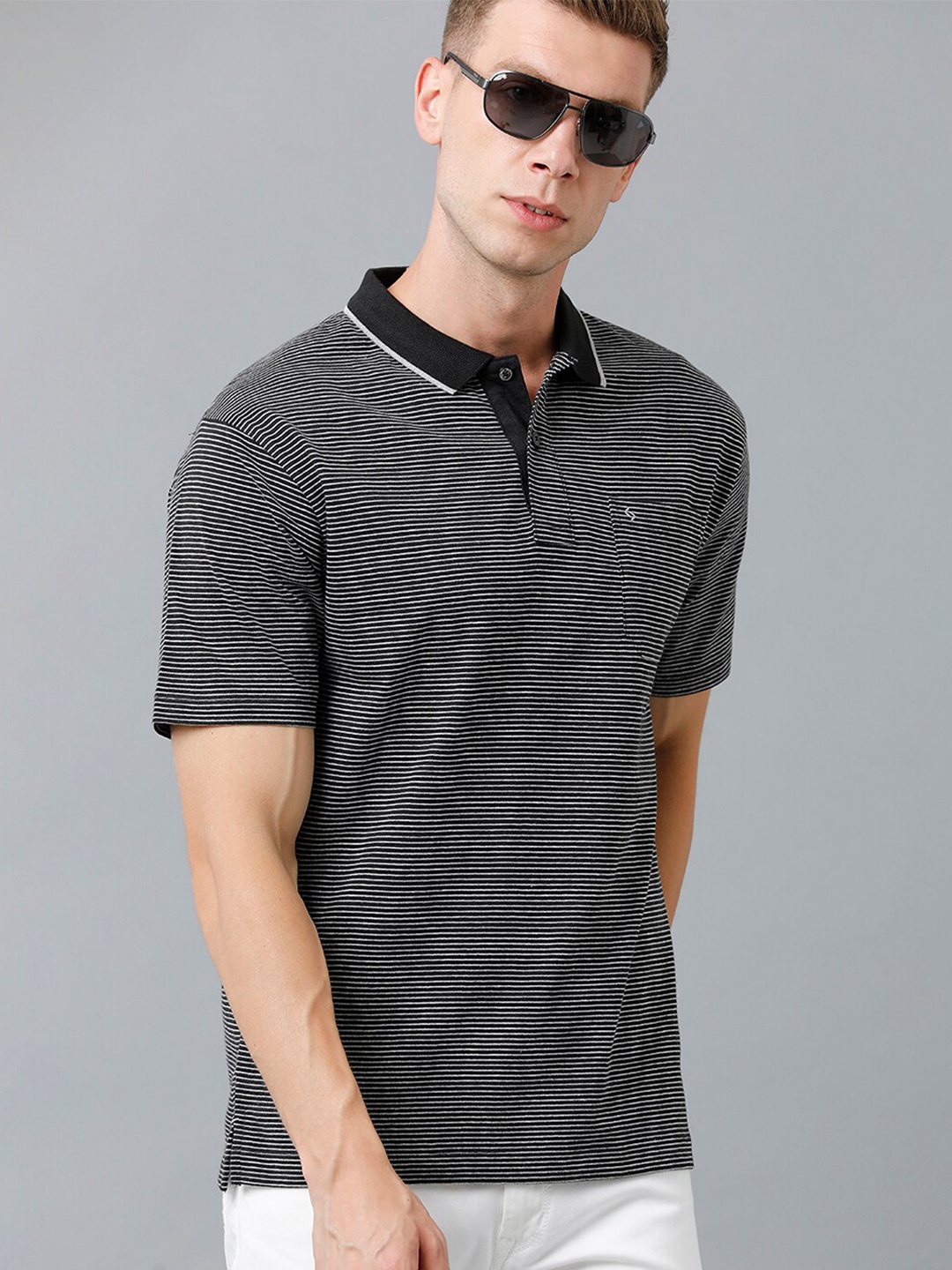 

Classic Polo Men Plus Size Striped Polo Collar Cotton T-shirt, Black