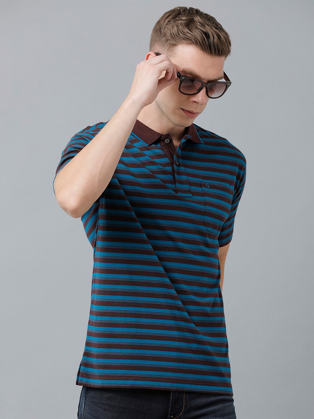 

Classic Polo Men Striped Polo Collar Cotton T-shirt, Blue