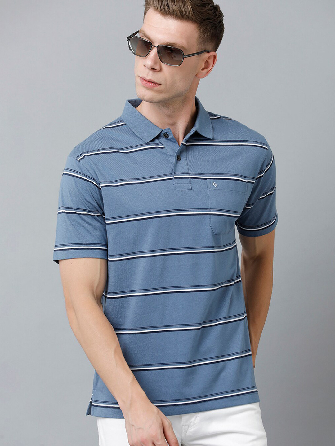 

Classic Polo Men Striped Polo Collar T-shirt, Blue