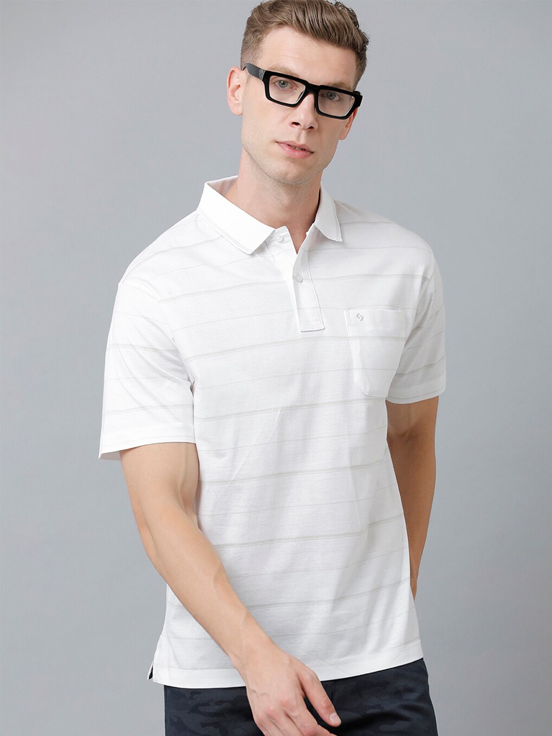 

Classic Polo Men Plus Size Striped Polo Collar Cotton T-shirt, White