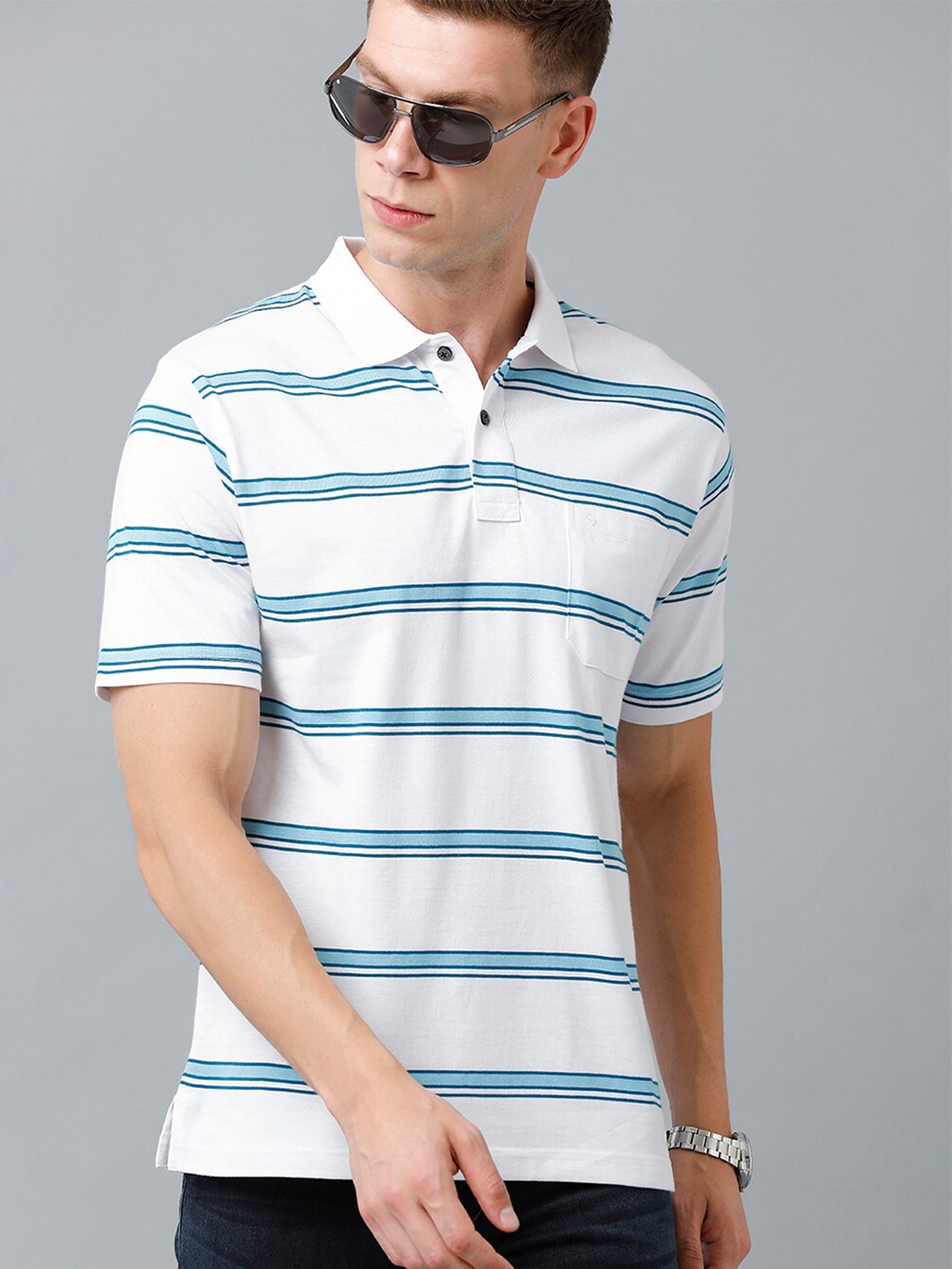 

Classic Polo Men Striped Polo Collar Cotton T-shirt, White