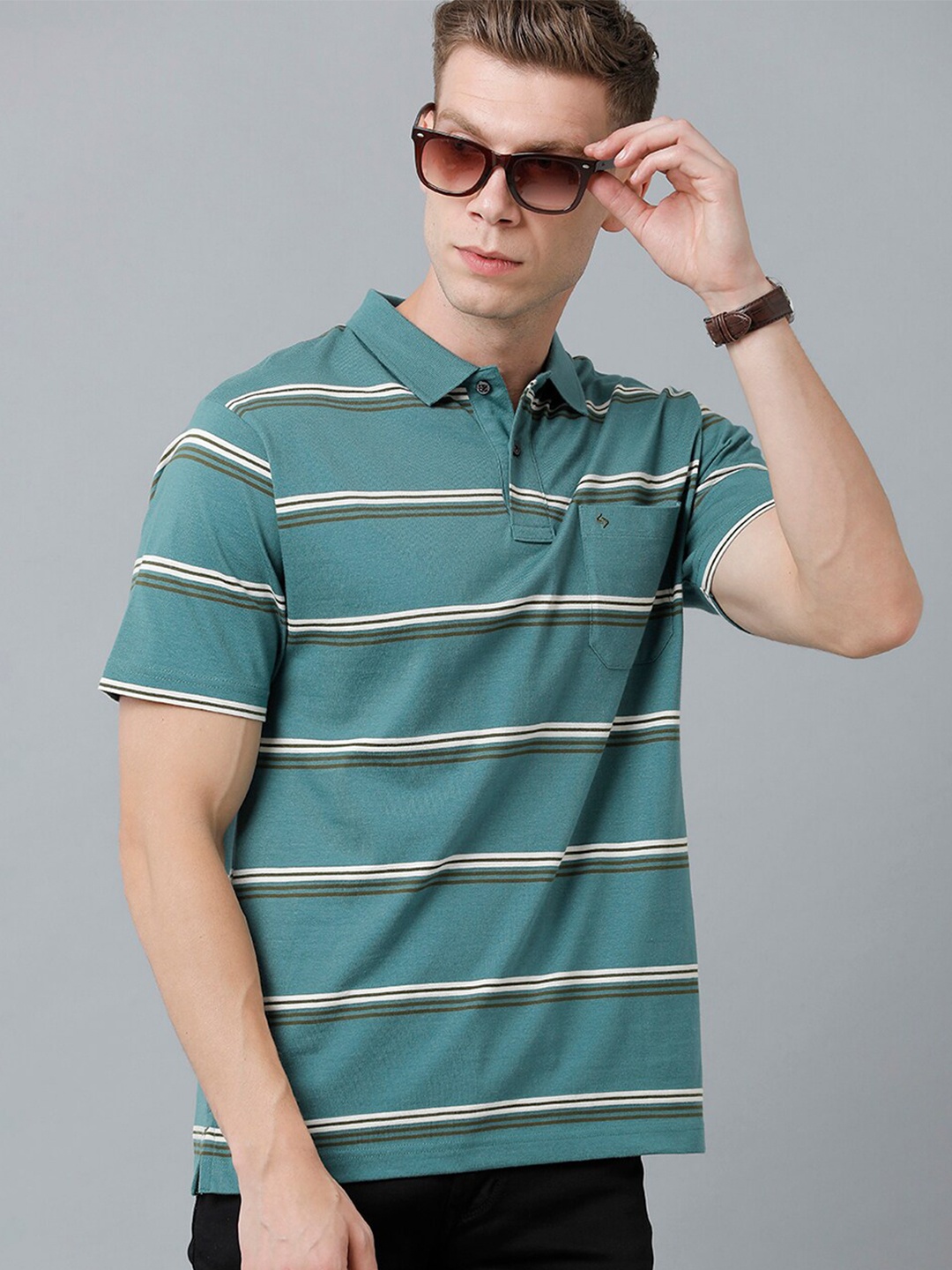 

Classic Polo Men Striped Polo Collar Cotton T-shirt, Grey