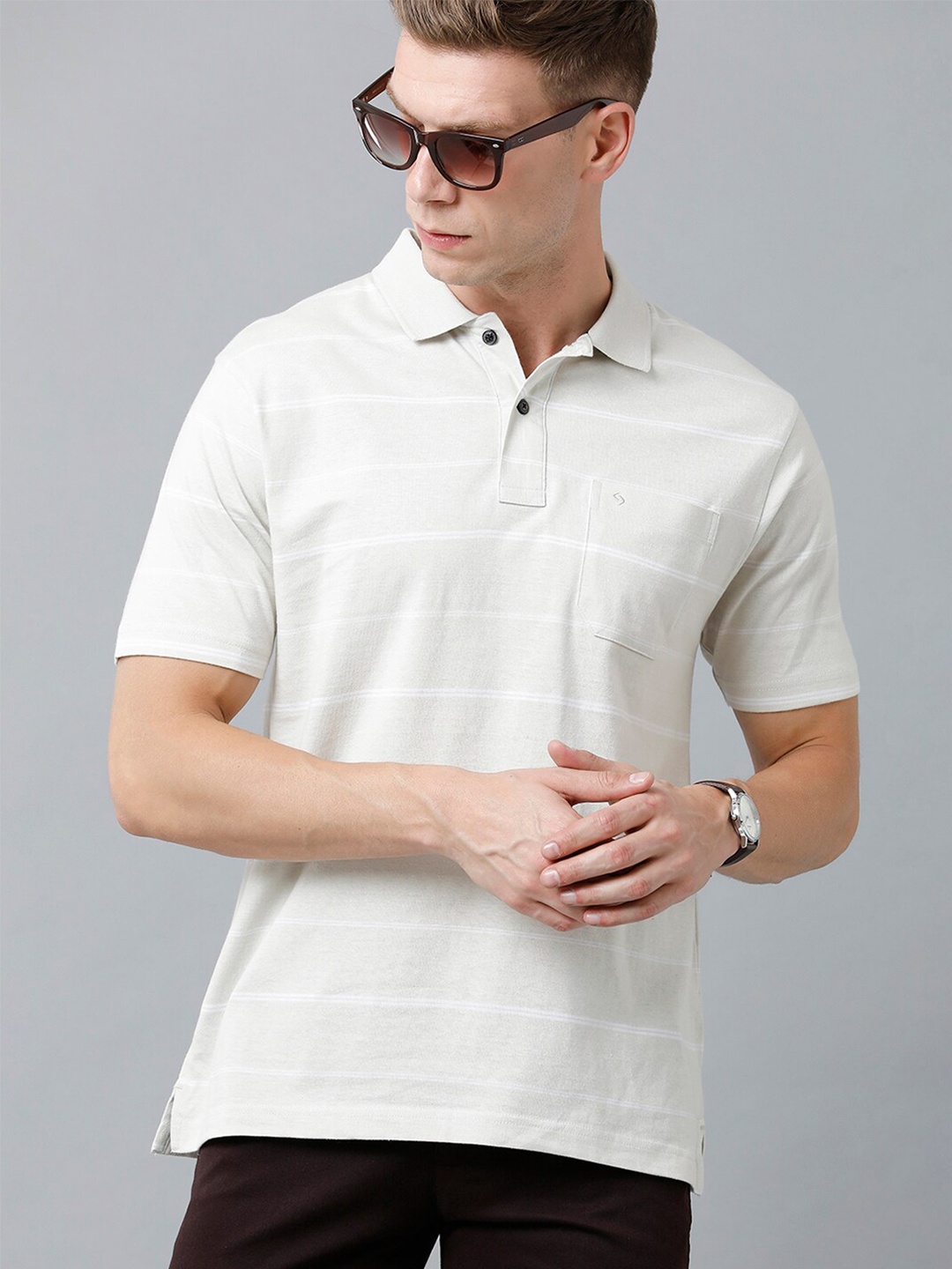 

Classic Polo Men Striped Polo Collar Cotton T-shirt, Beige