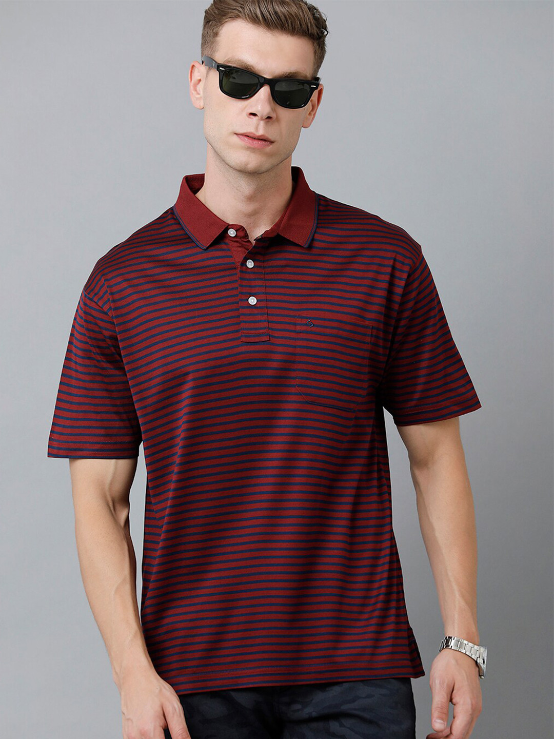 

Classic Polo Men Striped Polo Collar Cotton T-shirt, Red