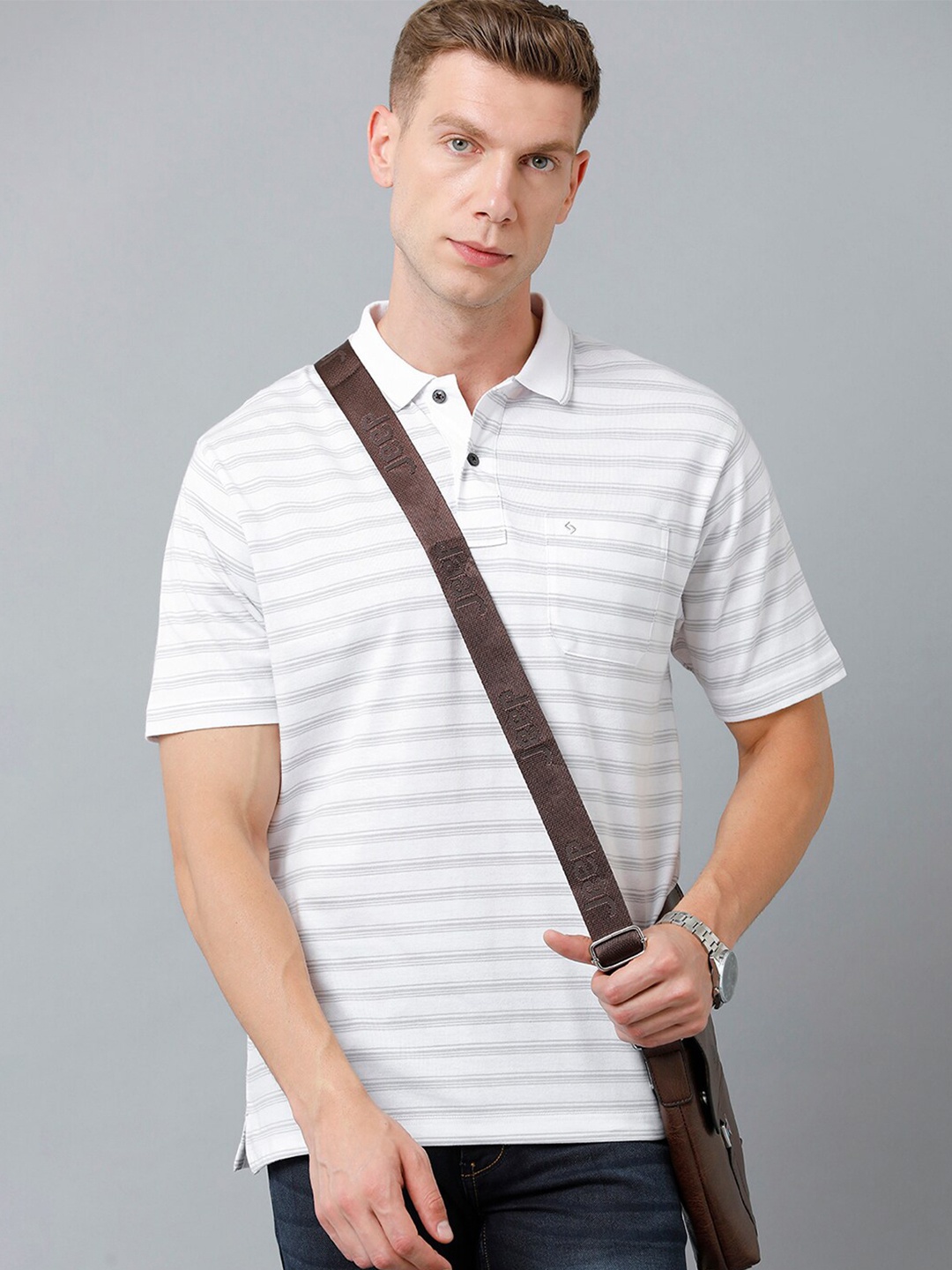 

Classic Polo Men Striped Polo Collar Cotton T-shirt, White