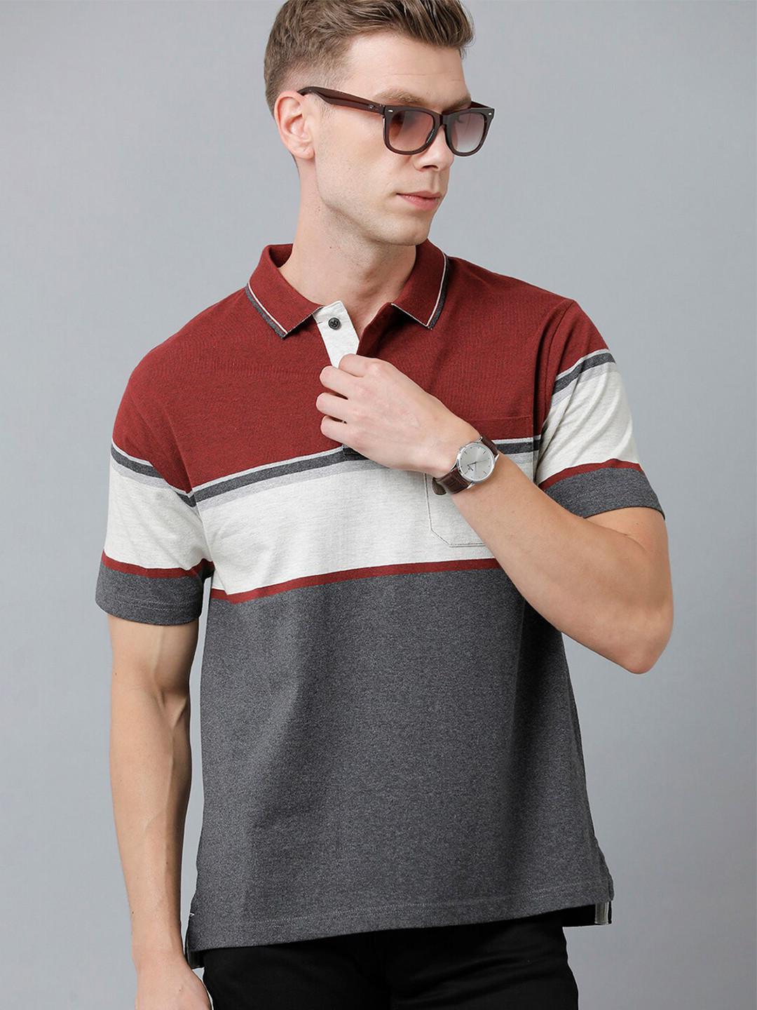 

Classic Polo Men Colourblocked Polo Collar Cotton T-shirt, Maroon