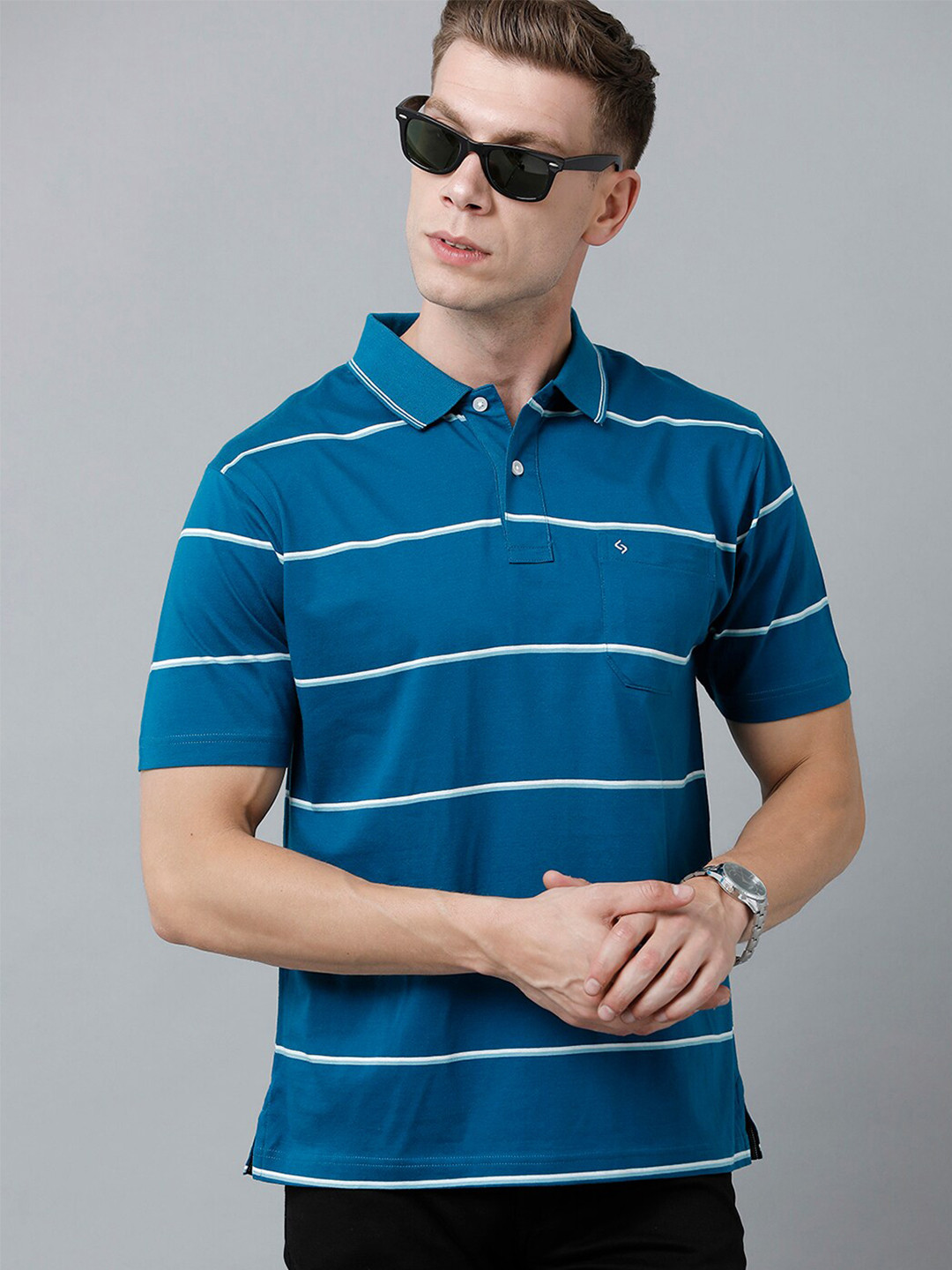 

Classic Polo Men Striped Polo Collar Cotton T-shirt, Blue