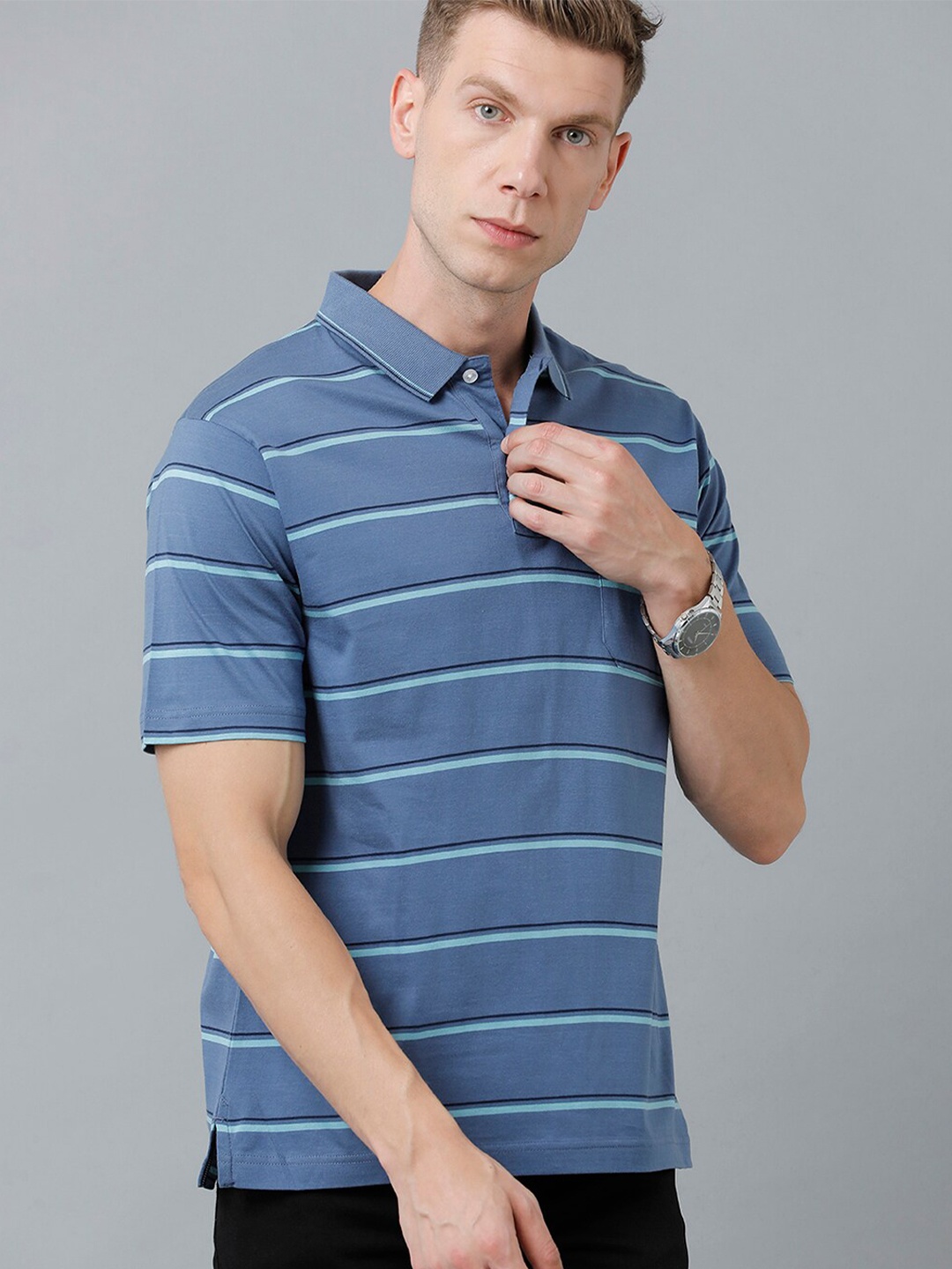 

Classic Polo Men Striped Polo Collar Cotton T-shirt, Blue