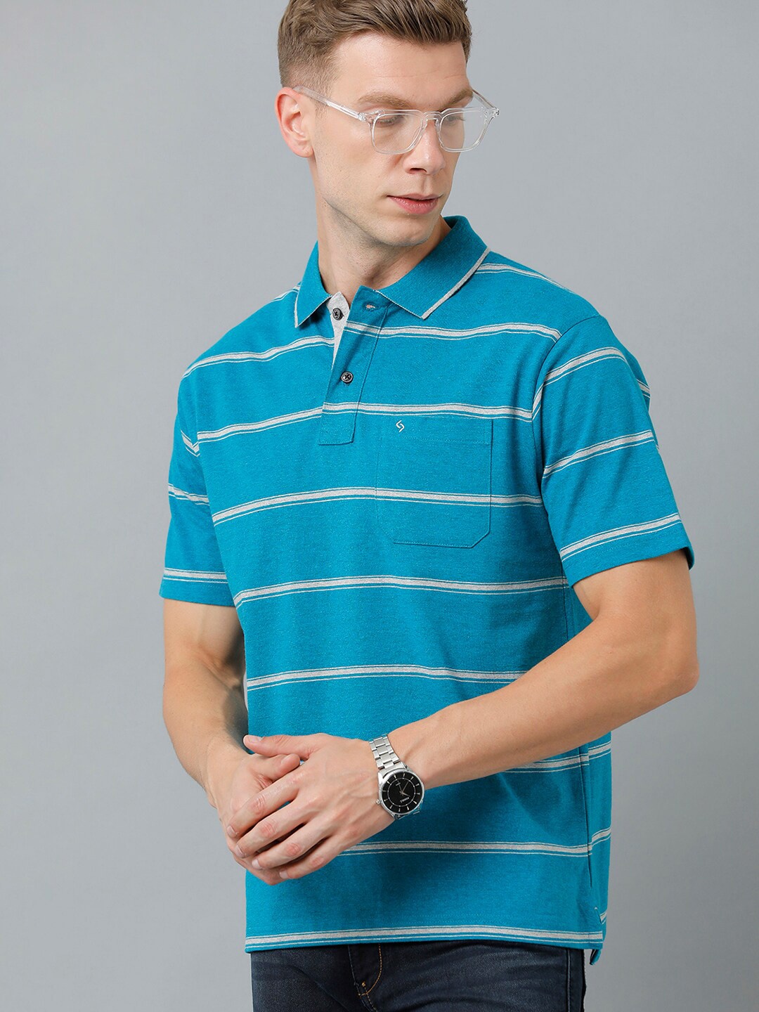 

Classic Polo Men Striped Polo Collar Cotton T-shirt, Blue