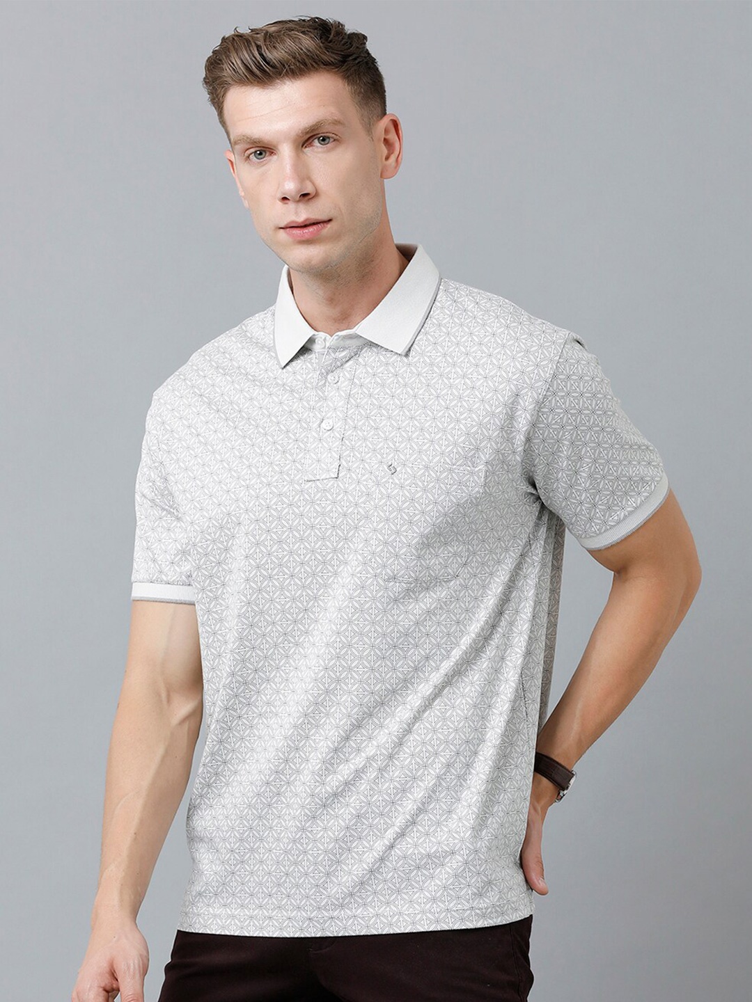 

Classic Polo Men Floral Printed Polo Collar Cotton T-shirt, Grey