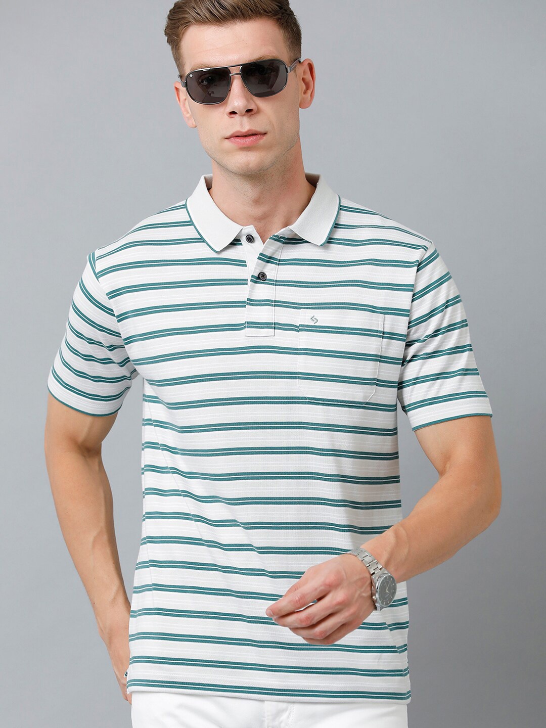 

Classic Polo Men Striped Polo Collar Cotton T-shirt, Grey