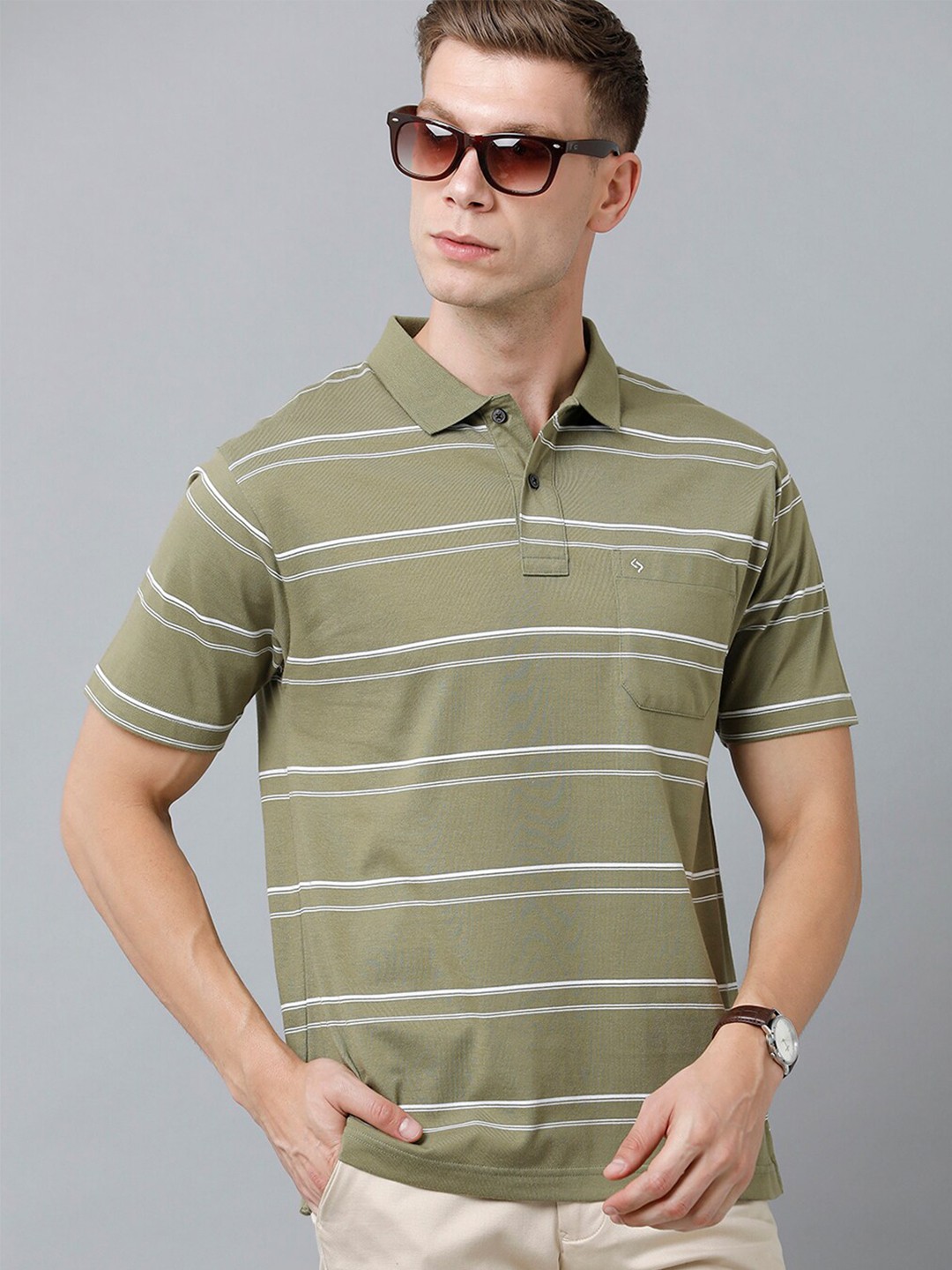 

Classic Polo Men Striped Polo Collar Cotton T-shirt, Olive