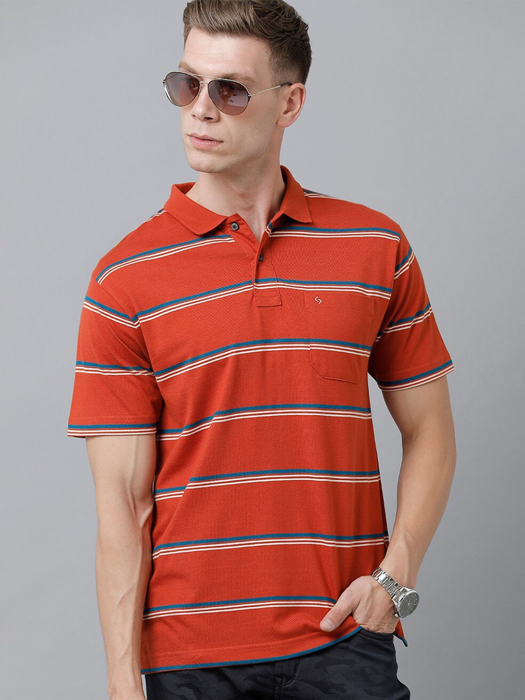 

Classic Polo Men Striped Polo Collar Cotton T-shirt, Red