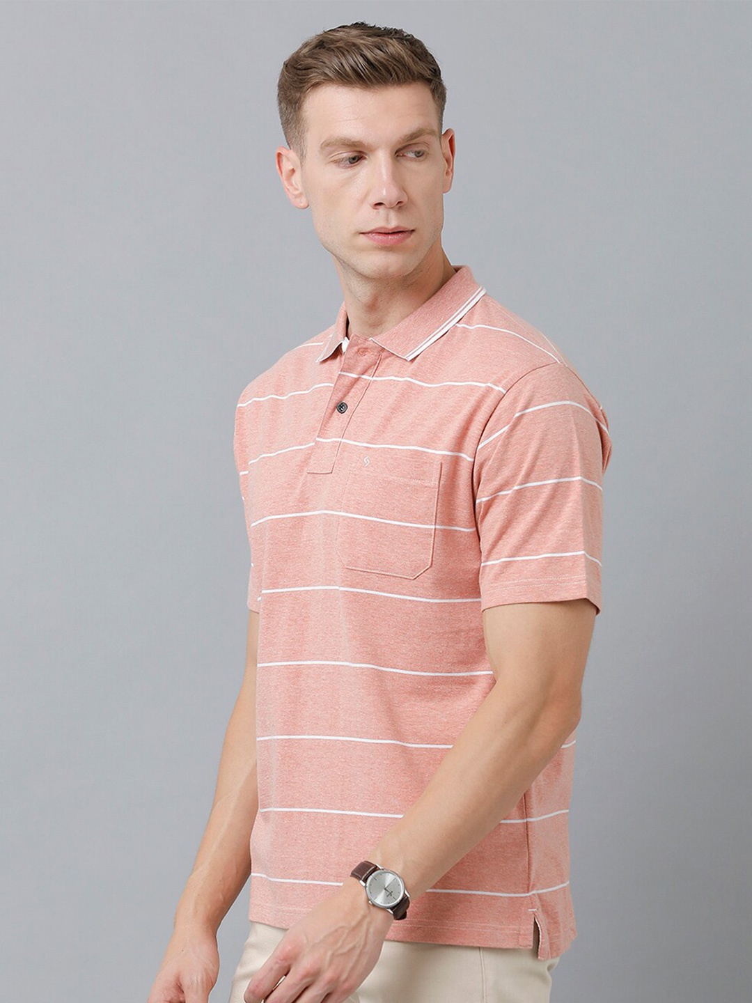 

Classic Polo Men Peach-Coloured Striped Polo Collar T-shirt