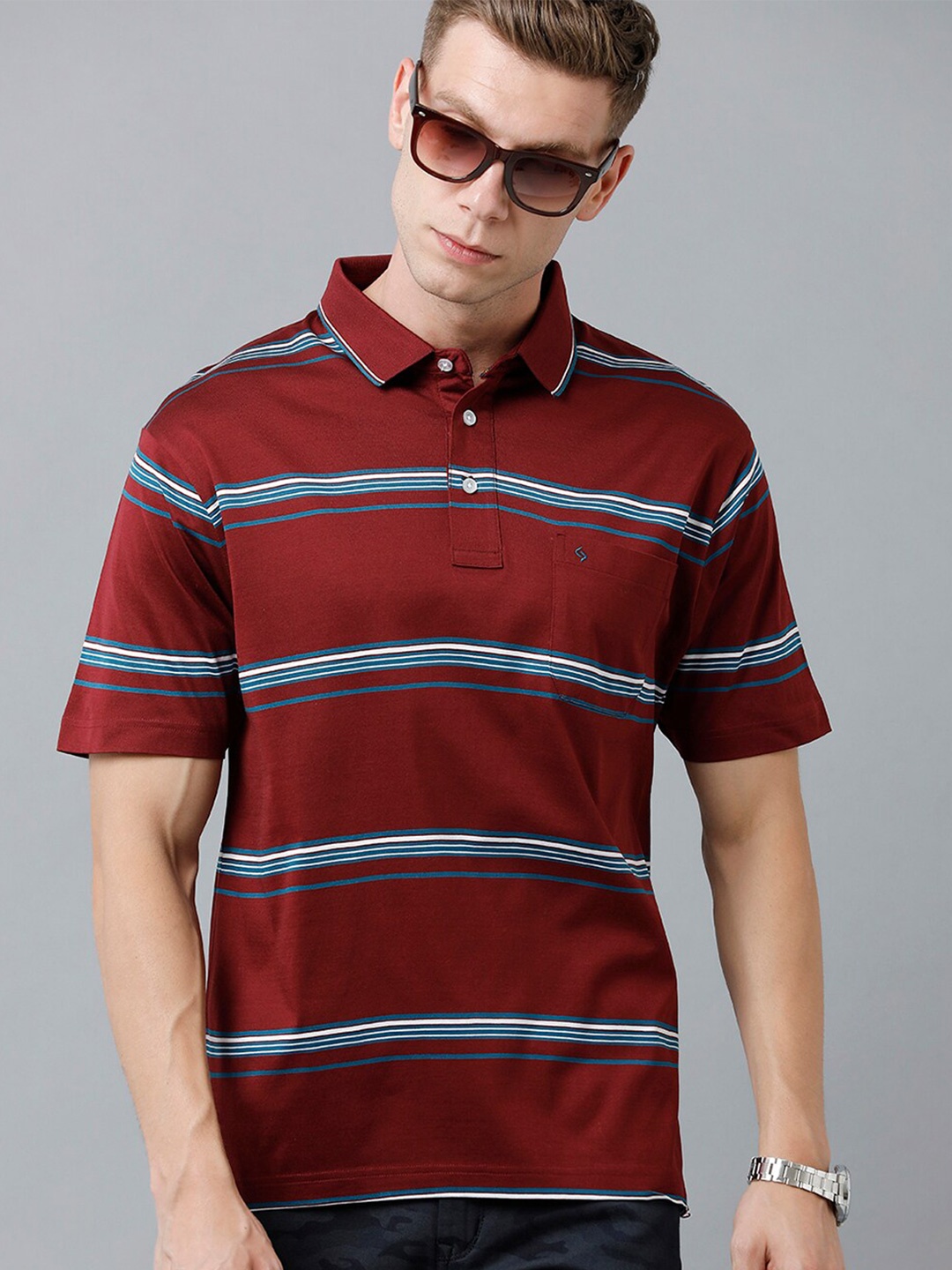 

Classic Polo Men Striped Polo Collar T-shirt, Maroon