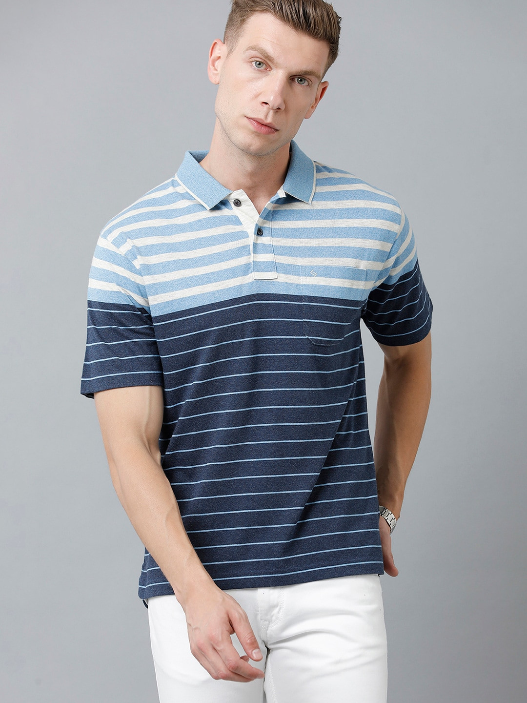 

Classic Polo Men Striped Polo Collar Cotton T-shirt, Blue
