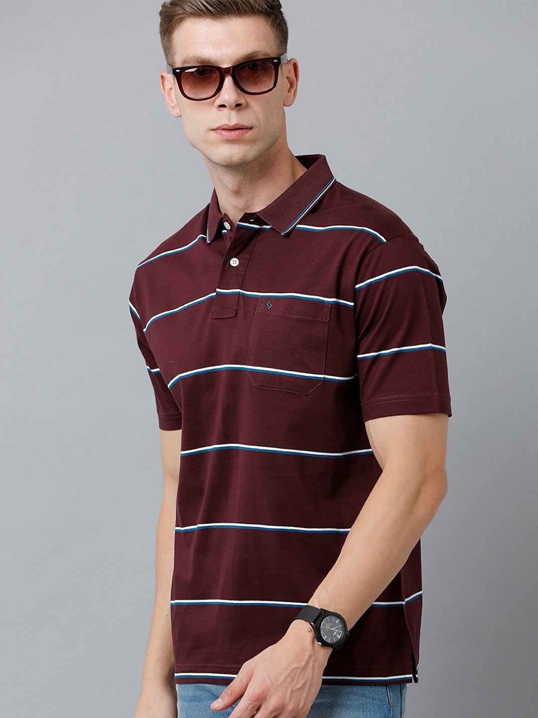 

Classic Polo Men Striped Polo Collar Cotton T-shirt, Brown