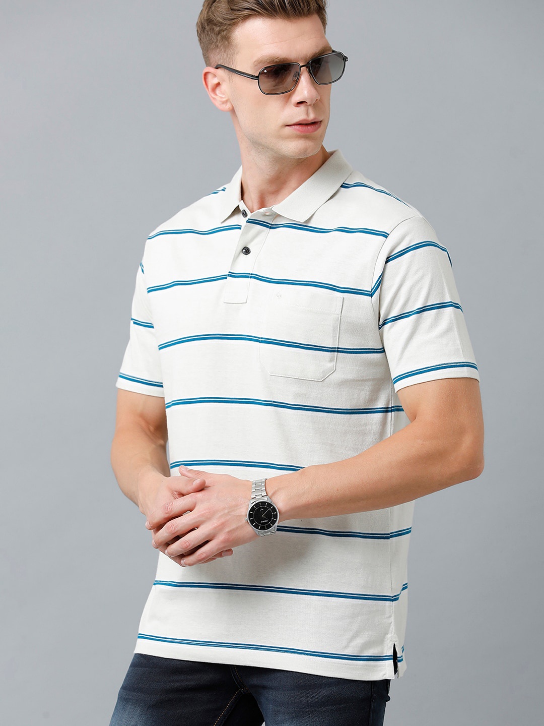 

Classic Polo Men Striped Polo Collar Cotton T-shirt, White