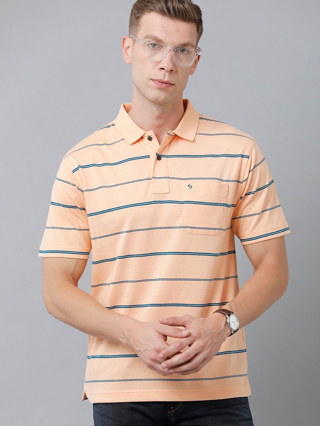 

Classic Polo Men Striped Polo Collar T-shirt, Orange