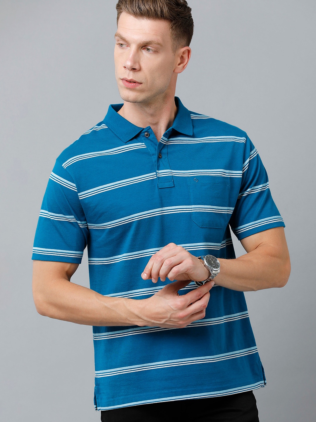 

Classic Polo Men Striped Polo Collar Cotton T-shirt, Blue