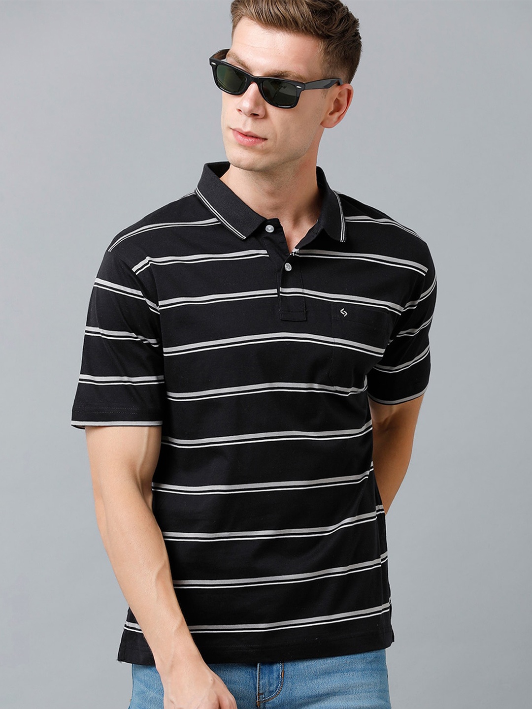 

Classic Polo Men Plus Size Striped Polo Collar Cotton T-shirt, Black