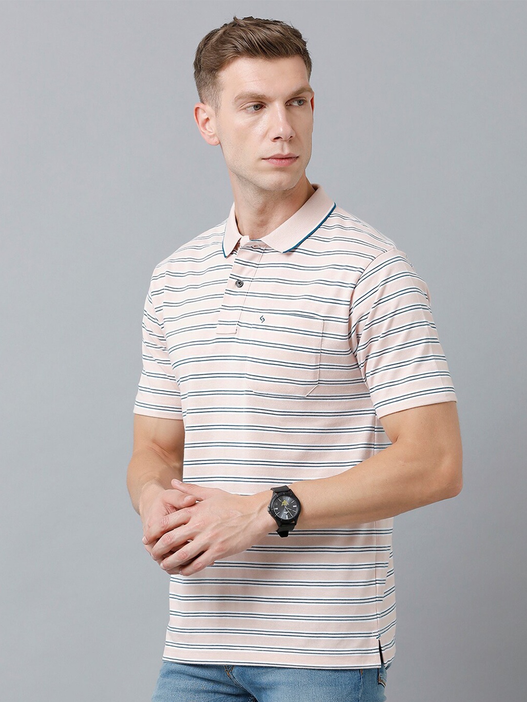 

Classic Polo Men Striped Polo Collar Cotton T-shirt, Beige