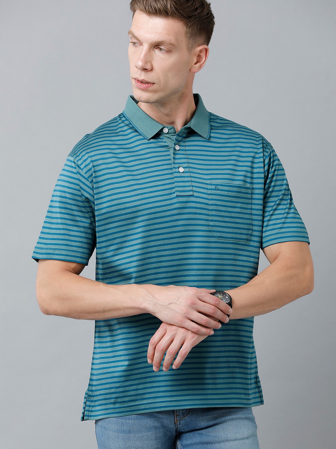 

Classic Polo Men Striped Polo Collar Cotton T-shirt, Blue