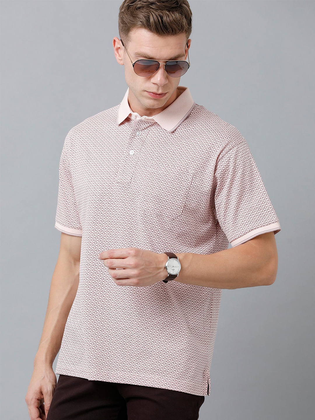 

Classic Polo Men Floral Printed Polo Collar Cotton T-shirt, Beige