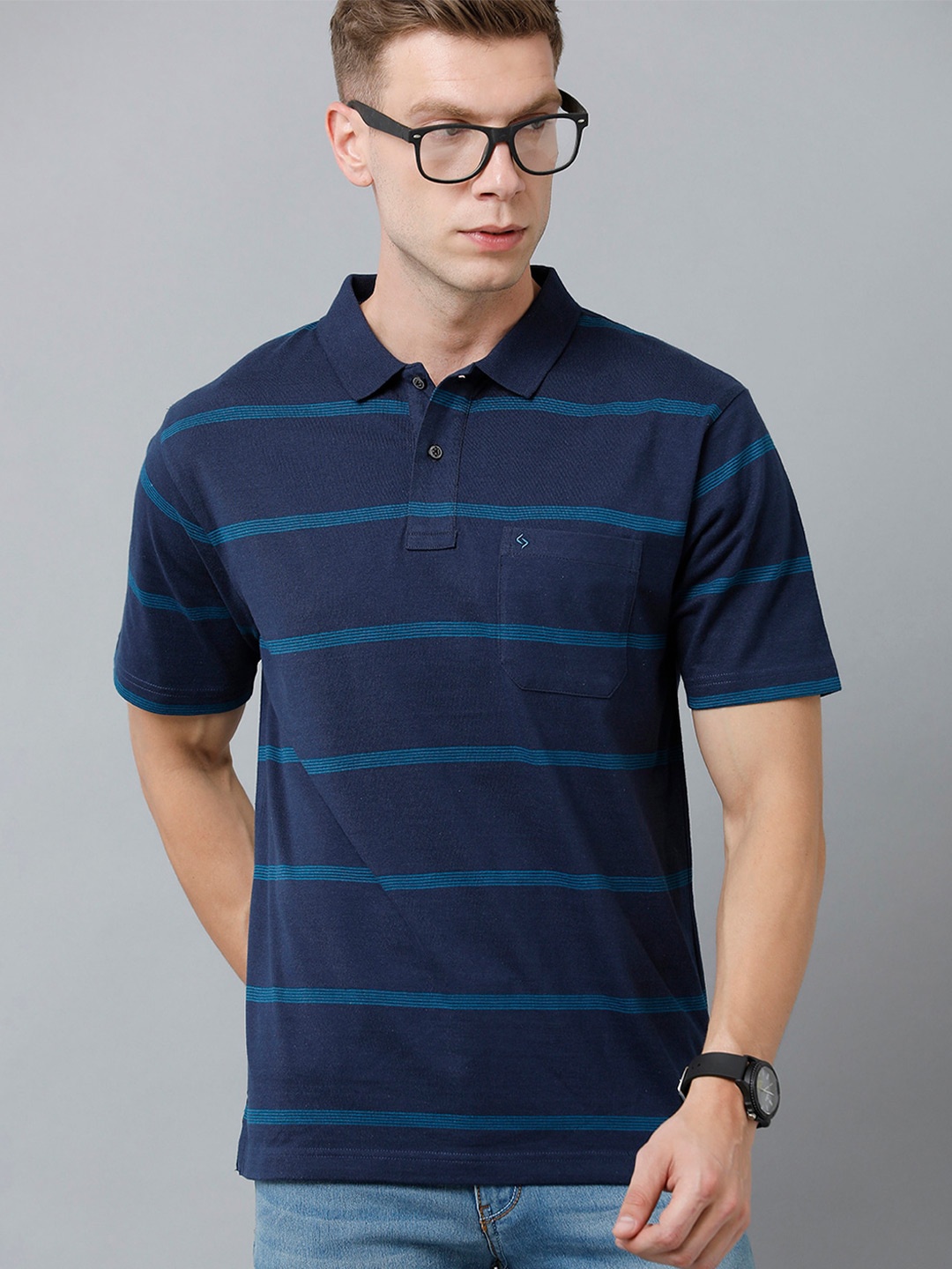 

Classic Polo Men Striped Polo Collar Cotton T-shirt, Navy blue