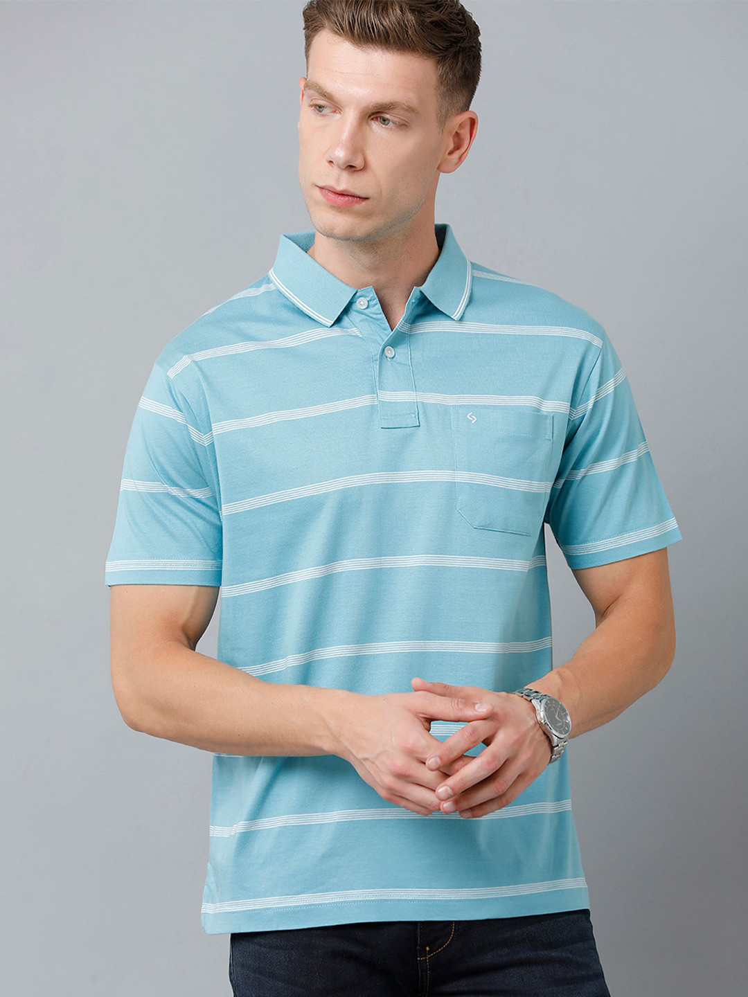 

Classic Polo Men Plus Size Striped Polo Collar Cotton T-shirt, Blue
