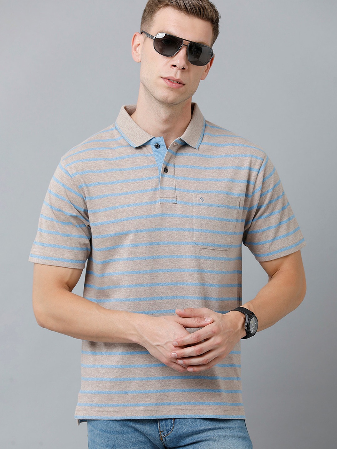 

Classic Polo Men Striped Polo Collar Cotton T-shirt, Grey