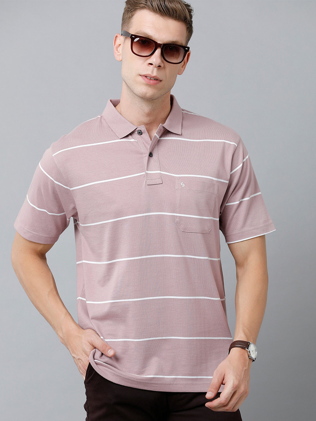 

Classic Polo Men Striped Polo Collar Cotton T-shirt, Violet