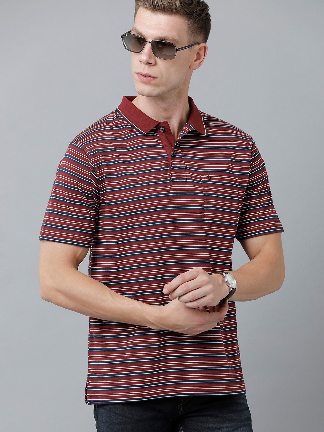 

Classic Polo Men Plus Size Striped Polo Collar Cotton T-shirt, Brown