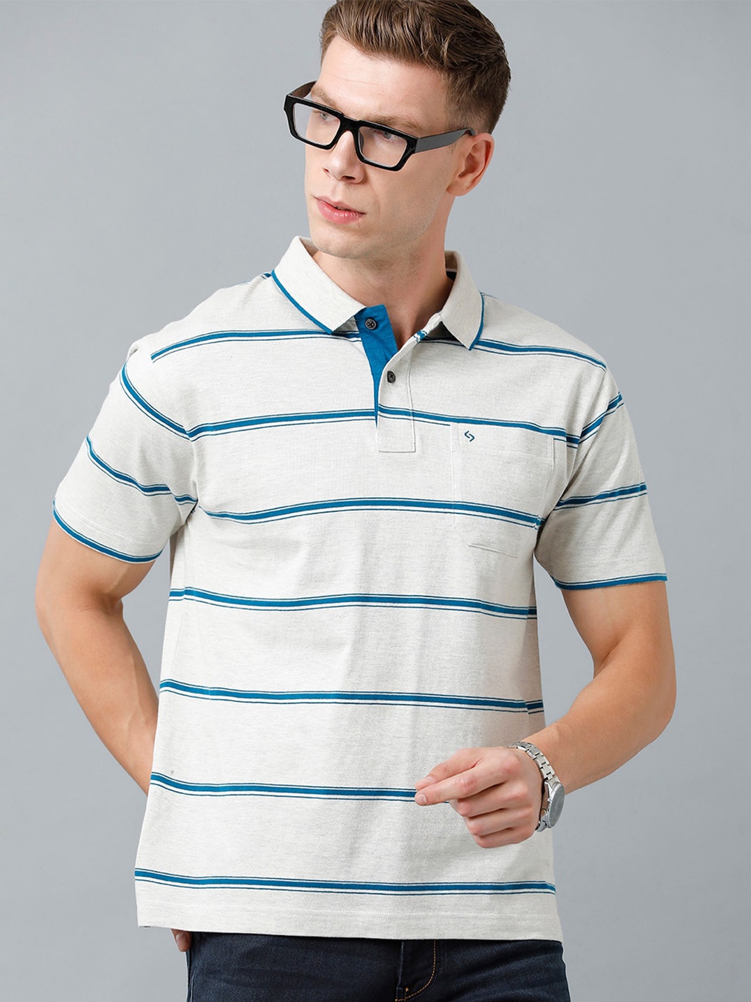 

Classic Polo Men Striped Polo Collar Cotton T-shirt, White