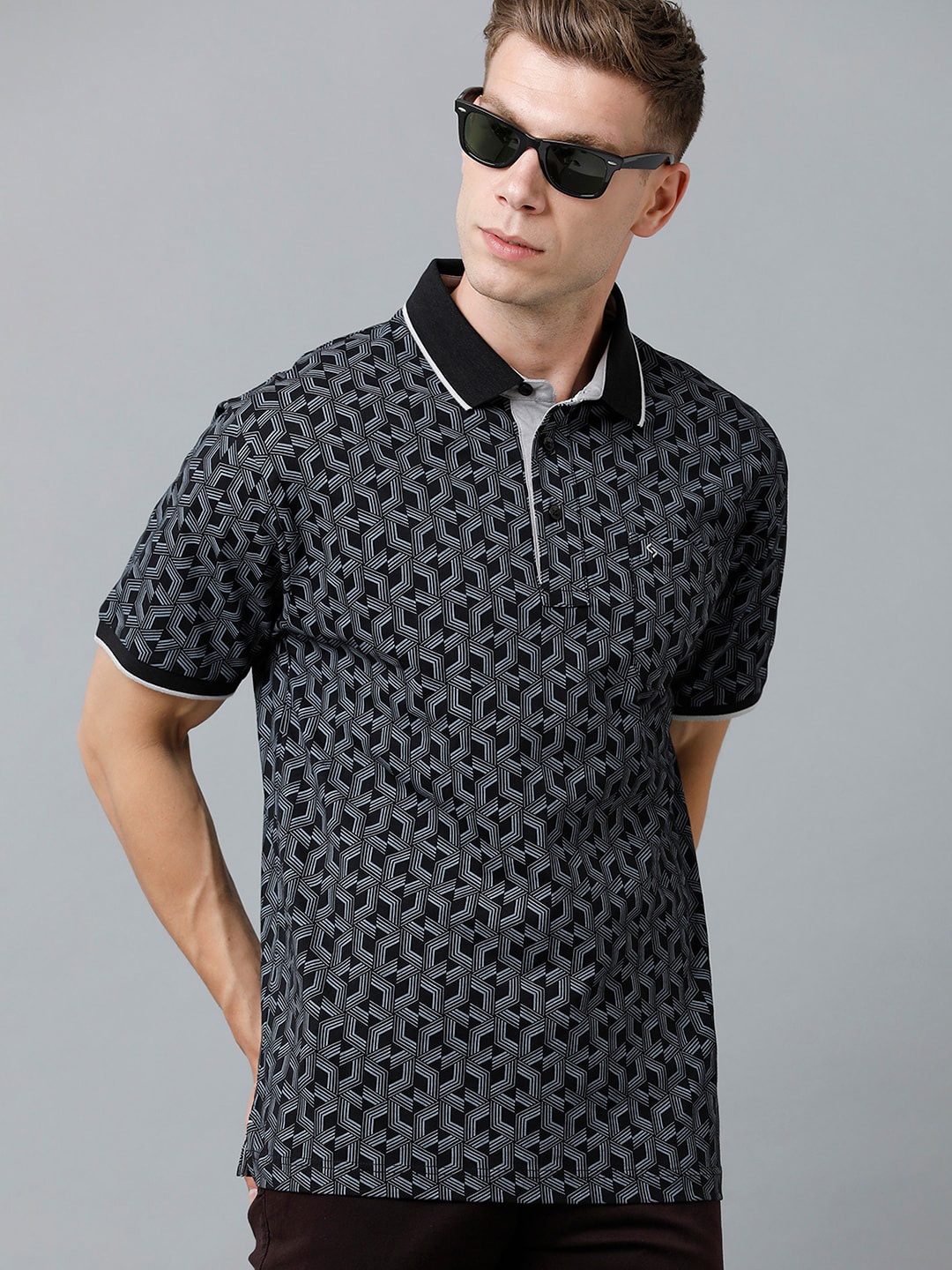 

Classic Polo Men Black Printed Polo Collar Cotton T-shirt