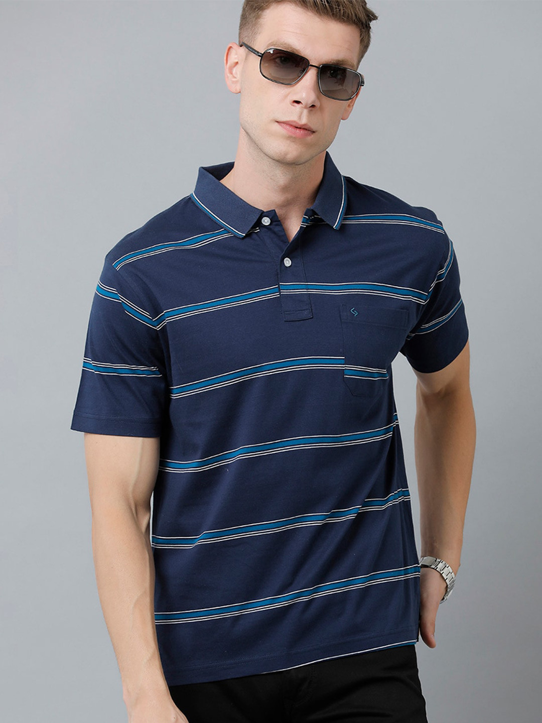 

Classic Polo Men Striped Polo Collar Cotton T-shirt, Navy blue