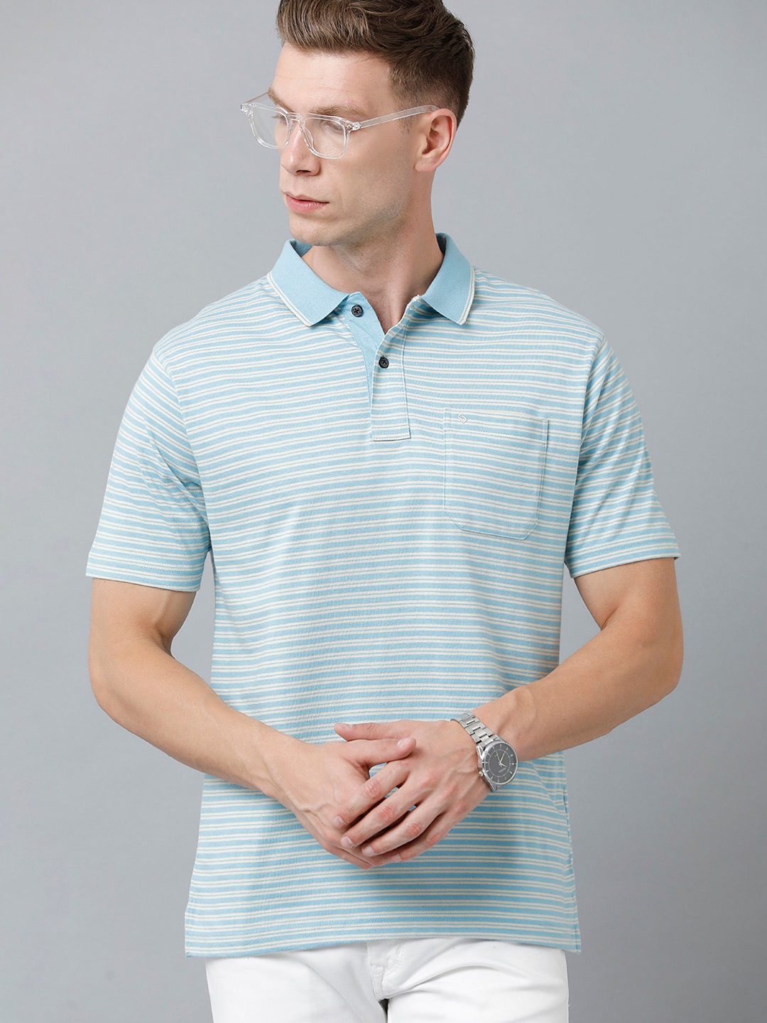

Classic Polo Men Striped Polo Collar Cotton T-shirt, Blue
