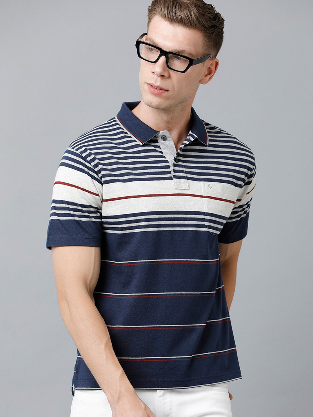 

Classic Polo Men Striped Polo Collar Cotton T-shirt, Navy blue