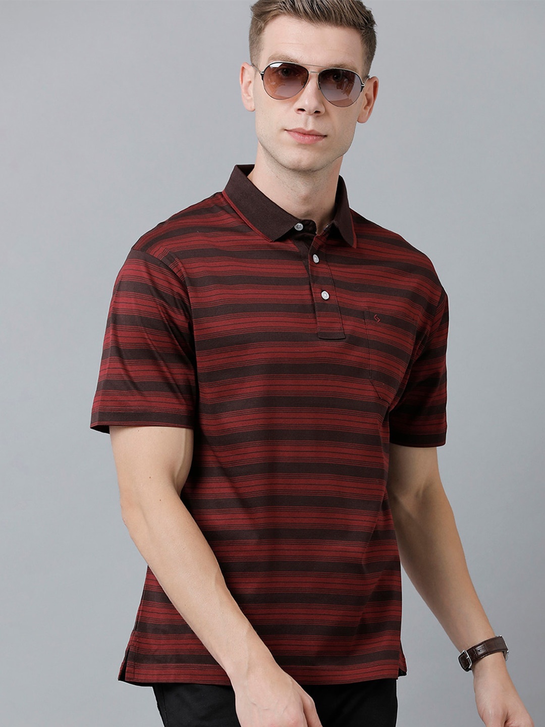 

Classic Polo Men Striped Polo Collar Cotton T-shirt, Brown