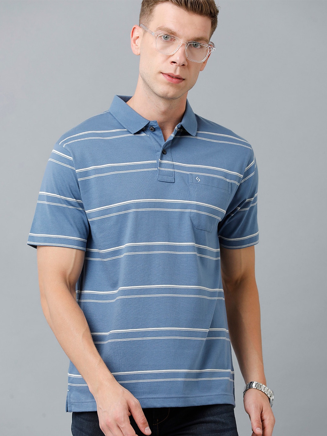 

Classic Polo Men Striped Polo Collar T-shirt, Blue