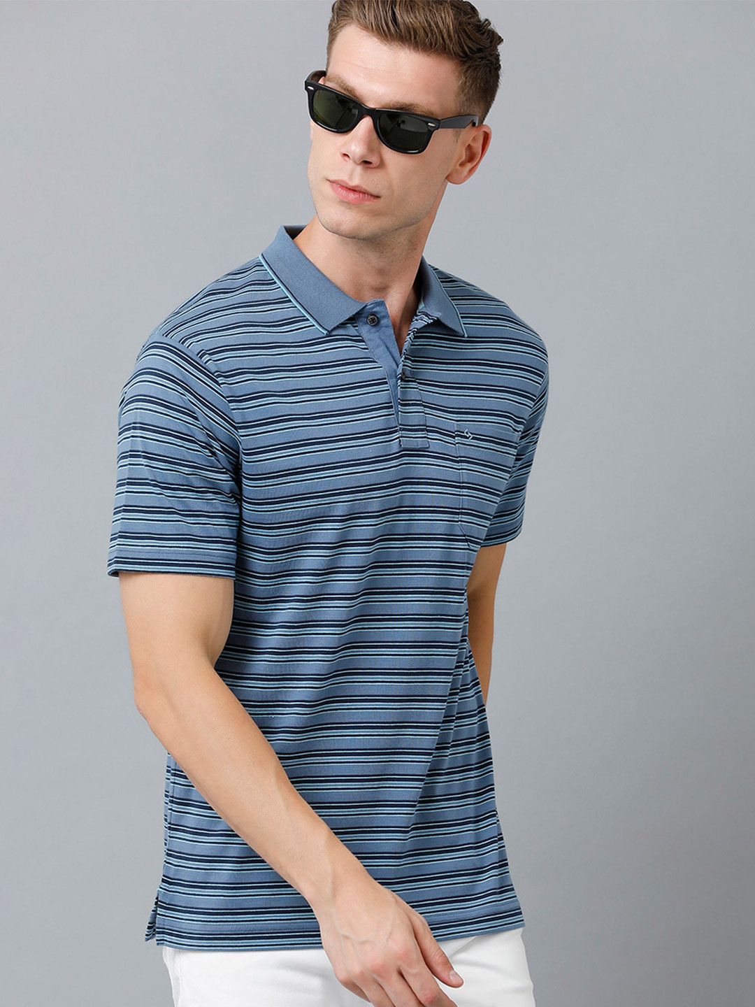 

Classic Polo Men Striped Polo Collar Cotton T-shirt, Blue