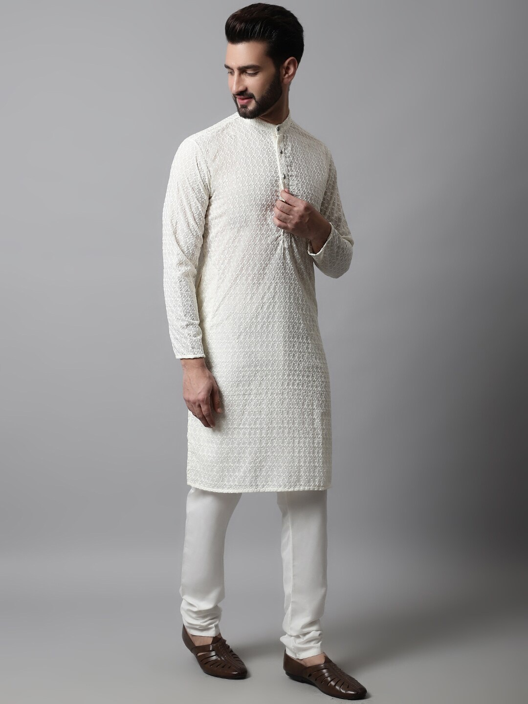 

Jompers Men Embroidered Chikankari Pure Cotton Kurta with Churidar, Cream