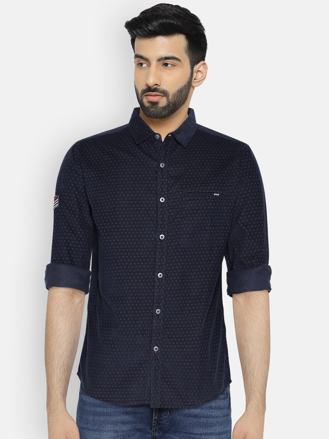 

SPYKAR Men Navy Blue Slim Fit Self Design Casual Shirt