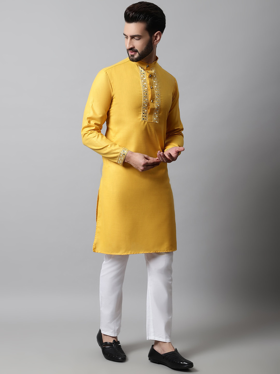 

Jompers Men Embroidered Mirror Work Pure Cotton Kurta with Pyjamas, Yellow
