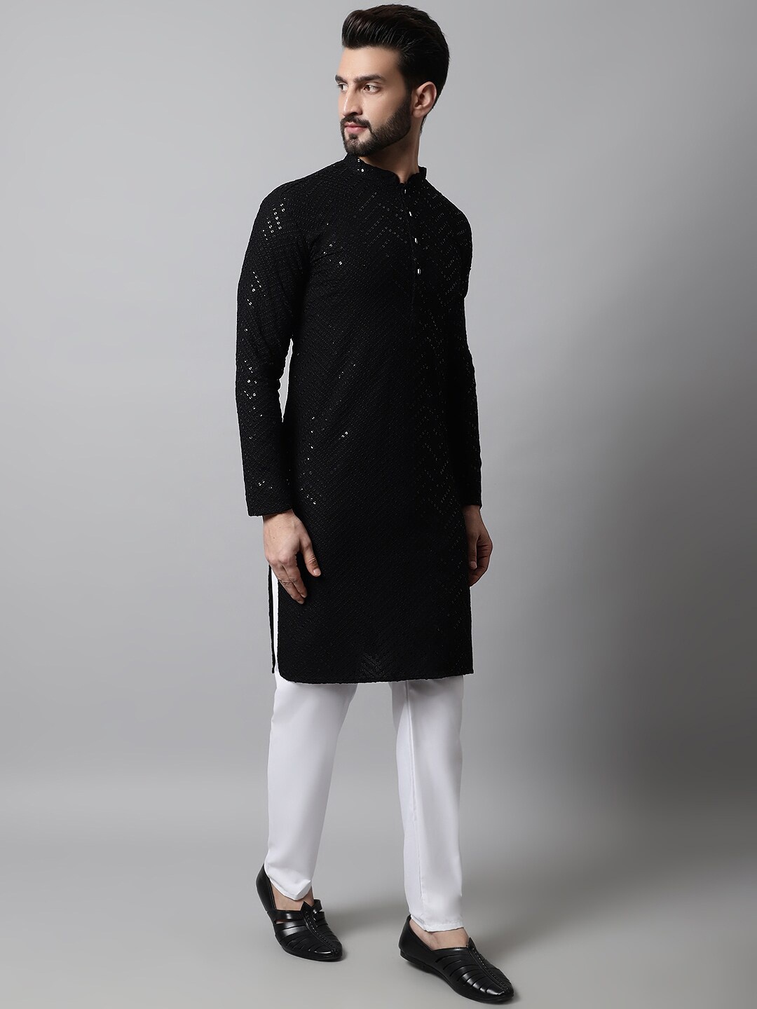 

Jompers Men Sequinned Pure Cotton Kurta with Pyjamas, Black